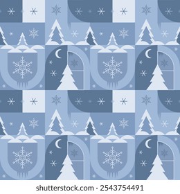 Fondo temático de invierno con árboles de Navidad, copos de nieve, carámbanos y Formas geométricas. Vector