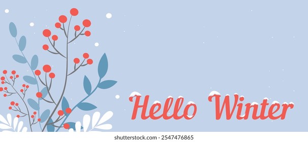 A winter themed card featuring blue background, red berries with leaves, white snowflakes, and the phrase Hello Winter in bold red text.