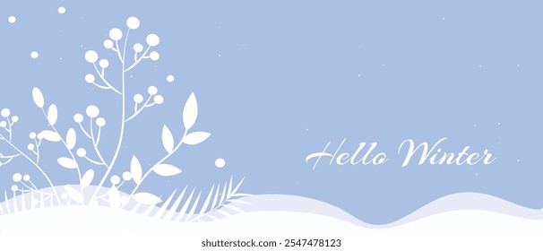 A winter themed card featuring a light blue background, white botanical illustrations, snowflakes, and the text Hello Winter in elegant white script.