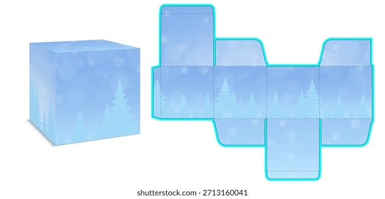 Cubo temático de invierno con red plana a juego. Incluye copos de nieve y pinos para el diseño de empaques de temporada.