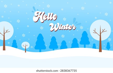 Winter themed design background illustration featuring the text “Hello Winter” with tree ornaments and snowflakes. Banners, posters, social media, promotions, greeting cards, Christmas, December.