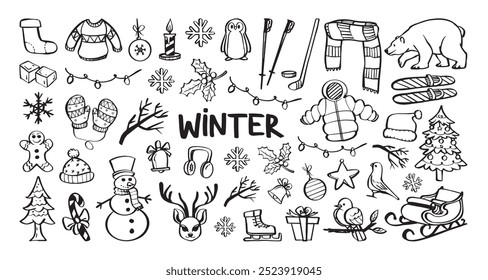 Winter themed doodles with snowman, mittens, and holiday decorations. Vector cartoon illustration