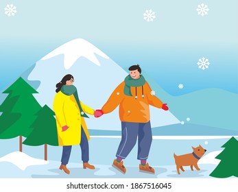 winter themed flat vector illustration, couple with a dog illustration