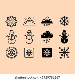 Winter themed icons featuring snowflakes snowmen mountains and snowy clouds in minimalist black and white design on a beige background
