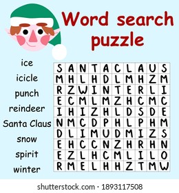 Winter themed word search puzzle with elf stock vector illustration. Educational visual word game in English for kids. Funny Christmas time and New year printable worksheet for children. One of series