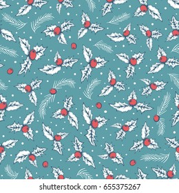 Winter themes decorative wallpaper. Hand drawn seamless vector pattern of branches and leaves. Christmas background of mistletoe.