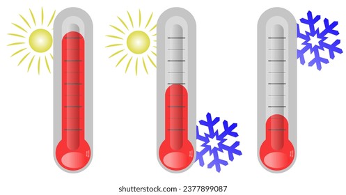 Winter thermometer. Summer thermometer. Thermometers that show cold and heat. Vector flat design. ESP 10.
