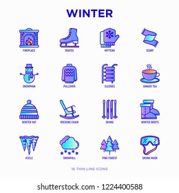 Winter thin line icons set: fireplace, skates, mittens, snowflake, scarf, snowman, pullover, sledges, rocking chair, skiing, icicle, snowfall. Modern vector illustration.