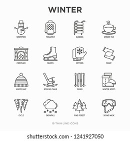 Winter thin line icons set: fireplace, skates, mittens, snowflake, scarf, snowman, pullover, sledges, rocking chair, skiing, icicle, snowfall. Modern vector illustration.