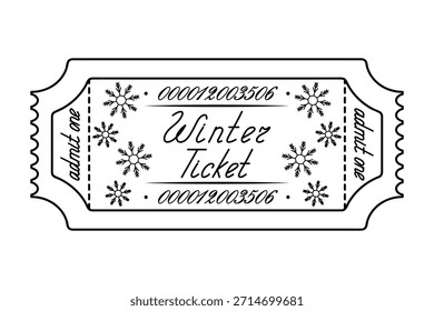 Boleto de invierno. Admite uno. Siluetas de copo de nieve. Boceto. Letras cursivas escritas a mano con mayúscula. Ilustración vectorial. Tear-off ticket con un número Esquema en un fondo blanco aislado