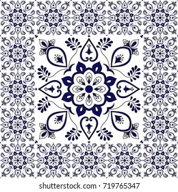Winter tiles floor. Floral pattern vector with ceramic texture. Big tile in center is framed. Background with portuguese azulejo, mexican talavera, spanish, italian majolica, delft dutch motifs.