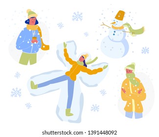 Winter Time Activities and Sparetime Set Isolated on White Background. Girl Making Snow Angel, Drinking Hot Beverage, Wraping Up to Warm Clothes, Enjoying Vacation. Cartoon Flat Vector Illustration.