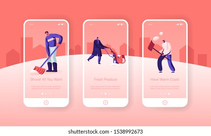Winter Time Activity Mobile App Page Onboard Screen Set. Happy People Shoveling Removing Snow from Street with Shovel and Snowblower Concept for Website or Web Page. Cartoon Flat Vector Illustration