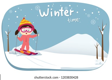 winter time. Activity in winter is ski. space for text.cute cartoon vector.