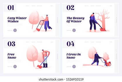 Winter Time Activity Website Landing Page Set. Happy People Removing Snow from Street Using Shovel and Snowblower for Cleaning Road after Snowfall Web Page Banner. Cartoon Flat Vector Illustration