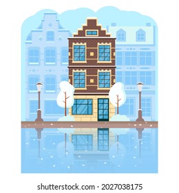 Winter time Amsterdam.Buildings in the snow.Vector flat illustration.Street with facades of houses.Vector illustration in a flat.
