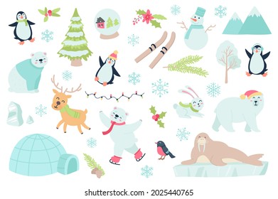 Winter time and animal isolated objects set. Collection of penguin, reindeer polar, bear, snowflake, snowman, mountains, garland, bird, rabbit. Vector illustration of design elements in flat cartoon