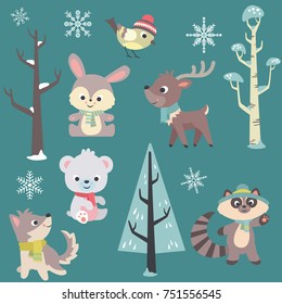 Winter Time Baby Animals Vector Set