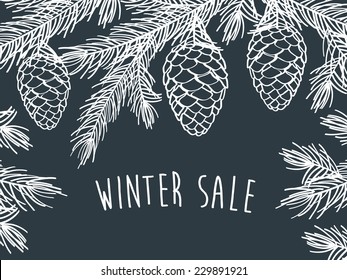 Winter Time. Winter Background With Pine Branches With Cones. Hand Drawing With Chalk On A Blackboard. Sketch, Design Elements. Christmas, New Year. Vector Illustration.