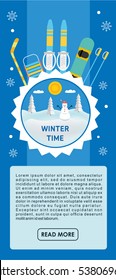 Winter time banner. The concept of active rest and joyful pastime. Happy winter vacation. Outdoor sports. Flat style illustration