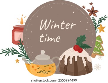 Winter time banner with a cozy atmosphere, teapot and Christmas cake. Vector illustration