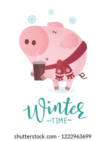 Winter time banner. Cute pig in winter scarf. Greeting illustration. Symbol of winter holidays. Zodiac sign. Perfect for calendar and celebration card.