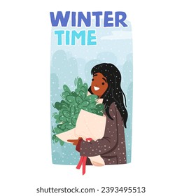 Winter Time Banner With Female Character Clasps A Bouquet Adorned With Frost-kissed Blooms, In The Chilly Air with Falling Snow, Happy Girl Walk at Snowy Wonderland. Cartoon People Vector Illustration