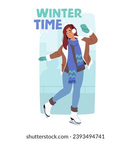 Winter Time Banner With Graceful Female Character Glides Across The Rink, Dance with Precision And Joy, Leaving A Trail Of Sparkling Frost Beneath Her Skates. Cartoon People Vector Illustration