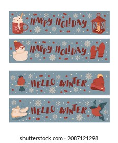 Cartel de invierno. Vacaciones, fines de semana, Año Nuevo. Ropa cálida, mitones, sombrero. Bullfinch. Hombre de nieve, copos de nieve. Patines. Elemento de colorido vector aislado. 