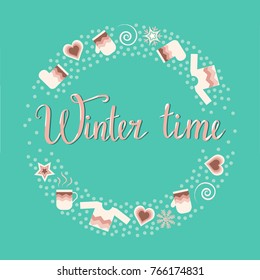 Winter time banner isolated on turquois background. Composition for Christmas cards, invitation, poster, greeting design. Happy new year card, invitation, banner template. 