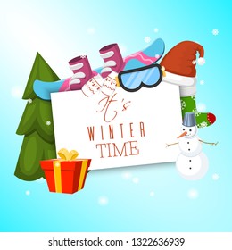 It's winter time banner vector illustration. Nature landscape with Christmas tree, snowmen, sledge, snowboard, hat, scarf, earmuffs. Happy New Year greetings. Winter.