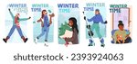 Winter Time Banners With Female Characters. Young Girls In Warm Attire, Twirl Through The Snow, Skating, Making Snow Angel, Relax at Cozy Home with Laughter and Joy. Cartoon People Vector Illustration