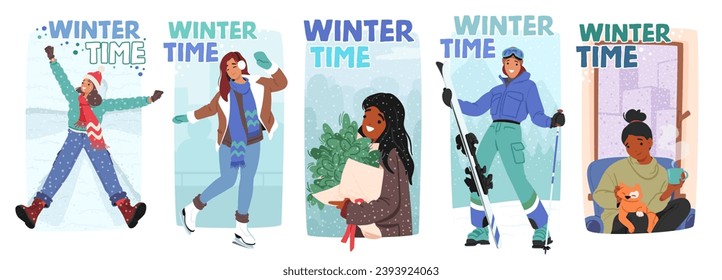 Banderas De Invierno Con Personajes Femeninos. Niñas Jóvenes con atuendo cálido, Twirl a través de la Nieve, Patinando, Haciendo Ángel de Nieve, Relájese en el acogedor hogar con risas y alegría. Ilustración de vectores de personas de caricatura