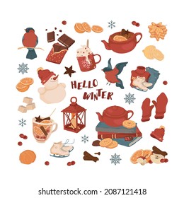 Winter time. Big set. Holidays, weekends, Christmas, New Year. Candy, caramel, chocolate, cookies, cream, cake. Warm clothes, mittens, hat, sweater. Bullfinch. Isolated vector colorful element. 