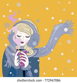 Winter time. Blond hair woman with knitted scarf with beautiful make up holding warm tea mug. Vector illustration on yellow background with snowing