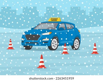 El coche de invierno practicando. Práctica de maniobras en las rutas de prueba. El vehículo de transporte aéreo pasa la prueba de conducción. Vista frontal de perspectiva. Plantilla de ilustración vectorial plana.