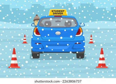 Winter time car drive practicing. Back view of car practicing a reverse parking. Back into a parking lot. Flat vector illustration template.