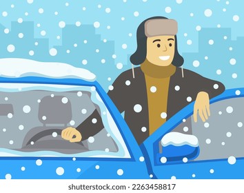 Conducción en coche de invierno. Joven feliz apoyado en la puerta del auto. Vista frontal de cierre. Plantilla de ilustración vectorial plana.