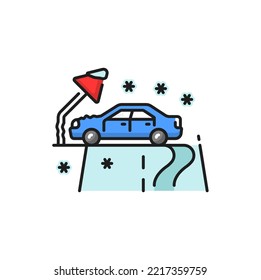 Winter Time Car Driving Isolated Color Line Icon, Vehicle Crash Into Pillar. Crashed Car On Slippery Road, Vector Dangerous Snowy Weather For Drive