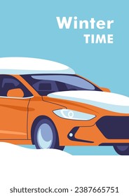 Hora de invierno. El auto está parado en una deriva de nieve, cubierto de nieve. Ilustración vectorial para gráficos móviles y web.