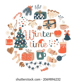 Winter time. Card with round of Gift boxes, spruce, garland, gingerbread,  candy, toys.  Ideal for poster, postcard  for Happy New year. Vector illustration 