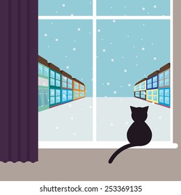 Winter time card template. Black cat on  window, snowing city street. 