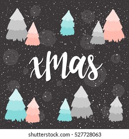 Winter time card template. Hand drawn xmas letters and doodle spruce isolated on grey cover for christmas card, invitation, banner, book, placard, album, sketch book. 