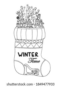 Winter time cartoon doodles. Penguins having fun with fireworks celebrating winter season. Hand drawn big sock vector illustrations