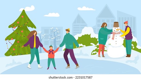 Winter time, cartoon people have fun vector illustration. Active christmas holidays in flat park, happy man woman charcater outdoor lifestyle.