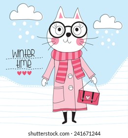 winter time cat in coat vector illustration