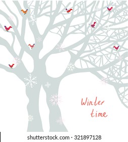 Winter time Christmas card with tree and birds - vector illustration