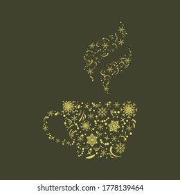 Winter time Christmas greeting card, poster with a cup of tea or coffee. Winter holidays background with snowflakes, falling snow
