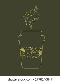 Winter time Christmas greeting card, poster with a cup of tea or coffee. Winter holidays background with snowflakes, falling snow 2