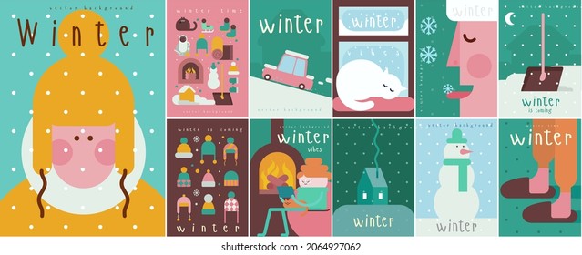 Winter time. Collection of winter backgrounds. Set of vector illustrations. Simple backgrounds. Funny pictures about winter vibe. 